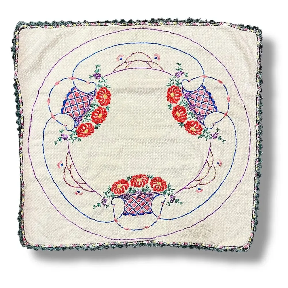 Vintage 30s Embroidered Tablecloth Baskets of Flowers Multicolor 32 inch Square